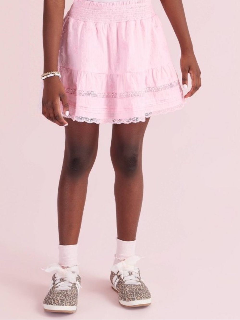 Girls' Pink Tiered Lace Hem Skirt